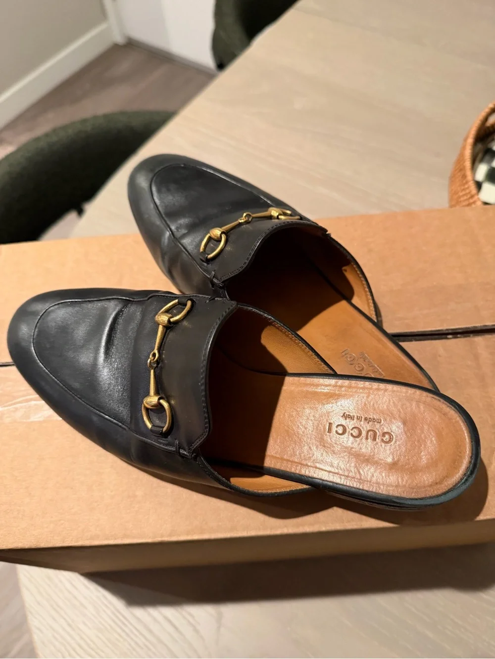 Gucci Black Leather Horsebit Backless Loafers